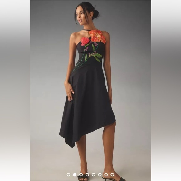 Anthropologie Yukiko Noritake Asymmetrical Floral Midi Dress Black Combo Orange - Picture 2 of 9